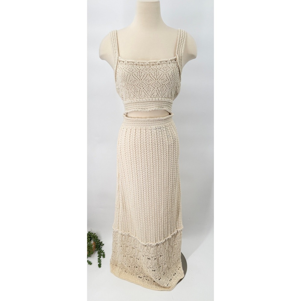 Zara Crochet Set Womens S Cream Knit Crop Top Maxi Skirt Boho 2 Piece Co-ord